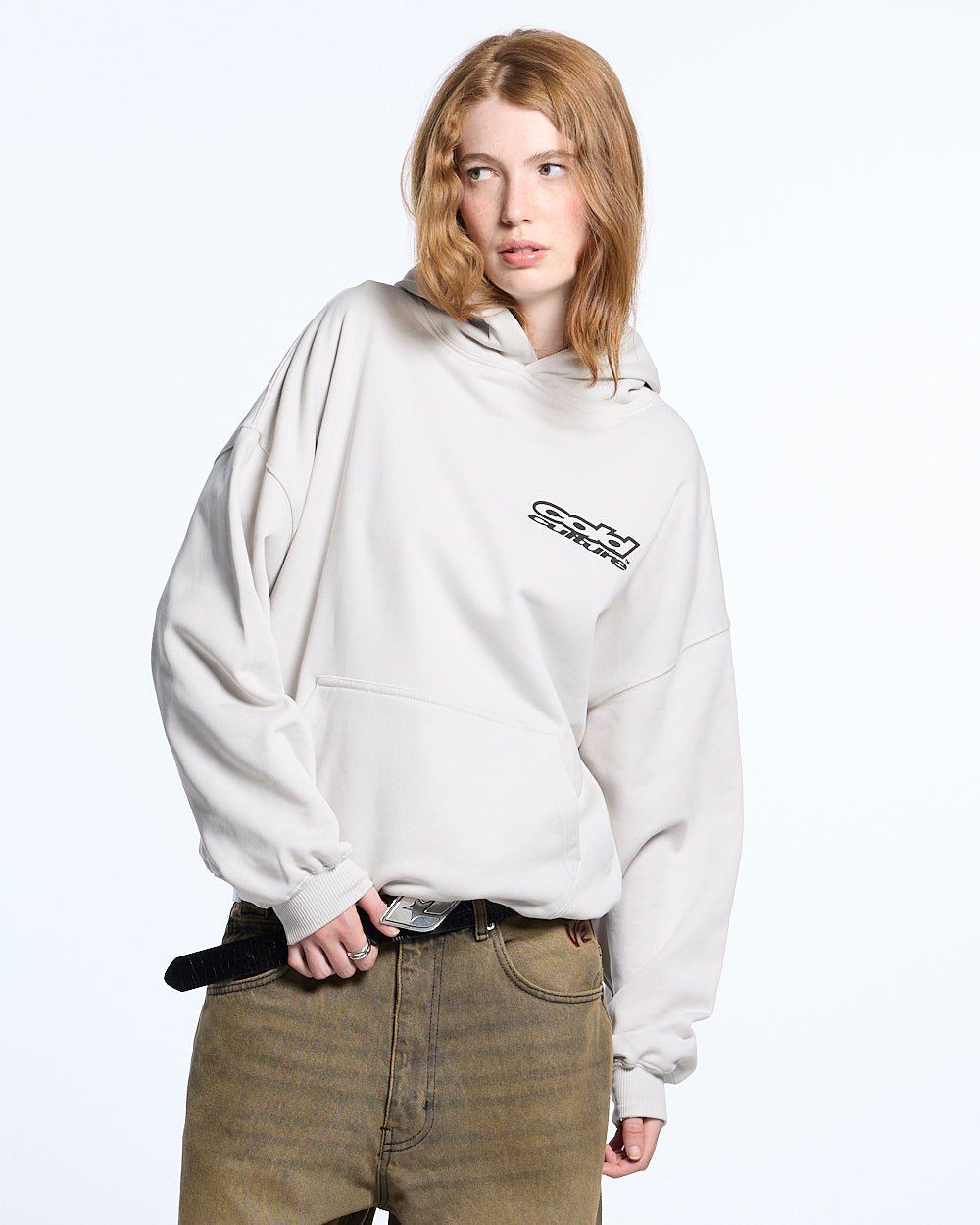 LOLLIPOP HOODIE LIGHT GREY - light grey graphic print hoodie, front view on female model - Cold Culture #woman