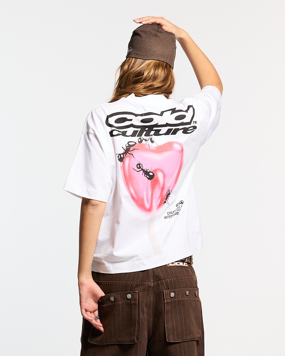 LOLLIPOP TEE WHITE - white oversized graphic tee, back view on female model - Cold Culture #woman