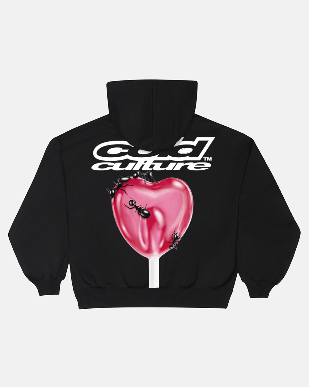 LOLLIPOP ZIP HOODIE BLACK - black graphic print zip-up hoodie, back view - Cold Culture #packshot