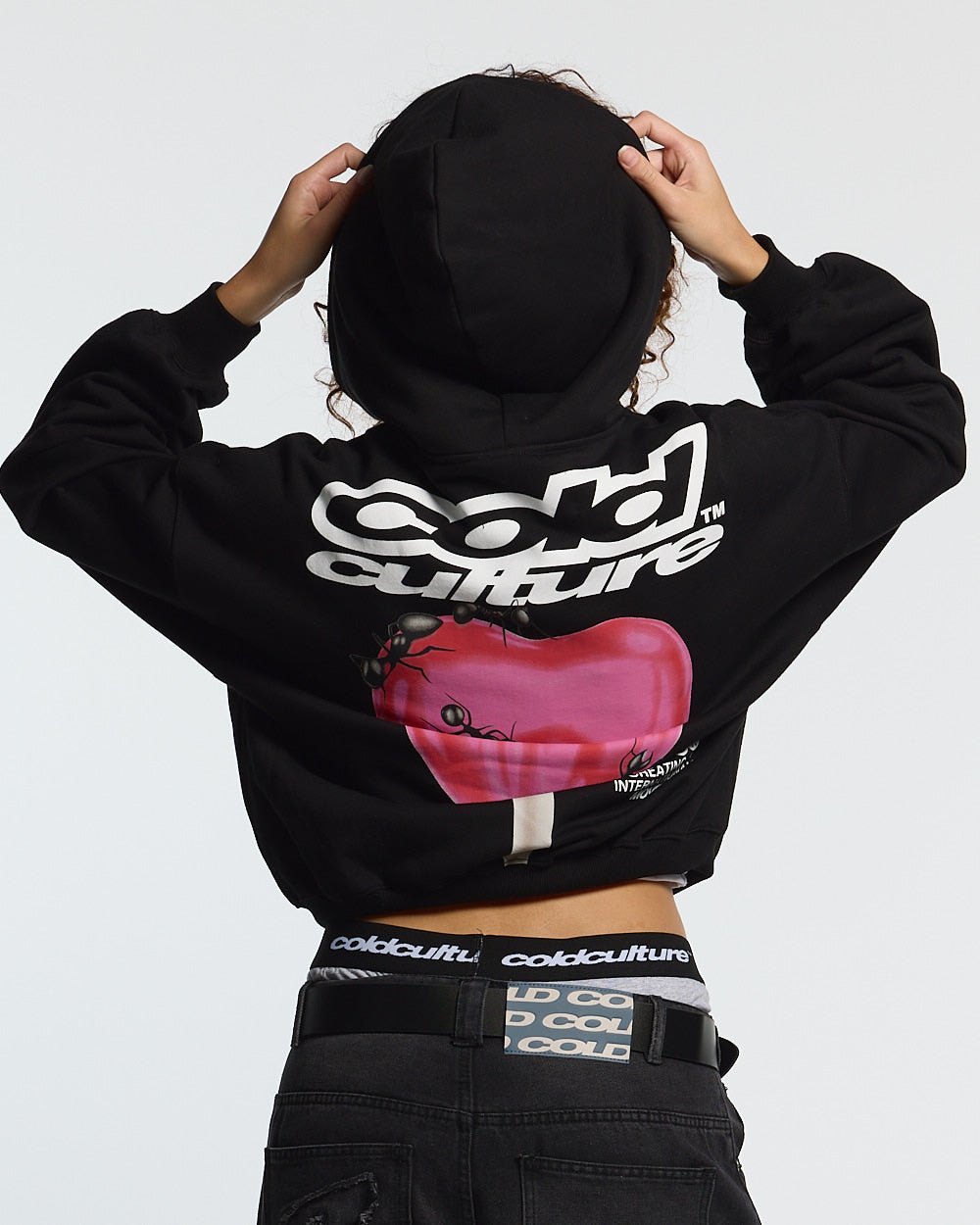 LOLLIPOP ZIP HOODIE BLACK - black graphic print zip-up hoodie, back view on female model - Cold Culture #woman