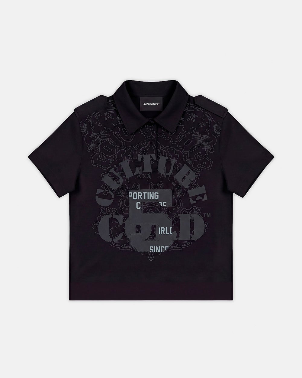 LOOPING POLO BLACK - black graphic print polo shirt, front view - Cold Culture #packshot