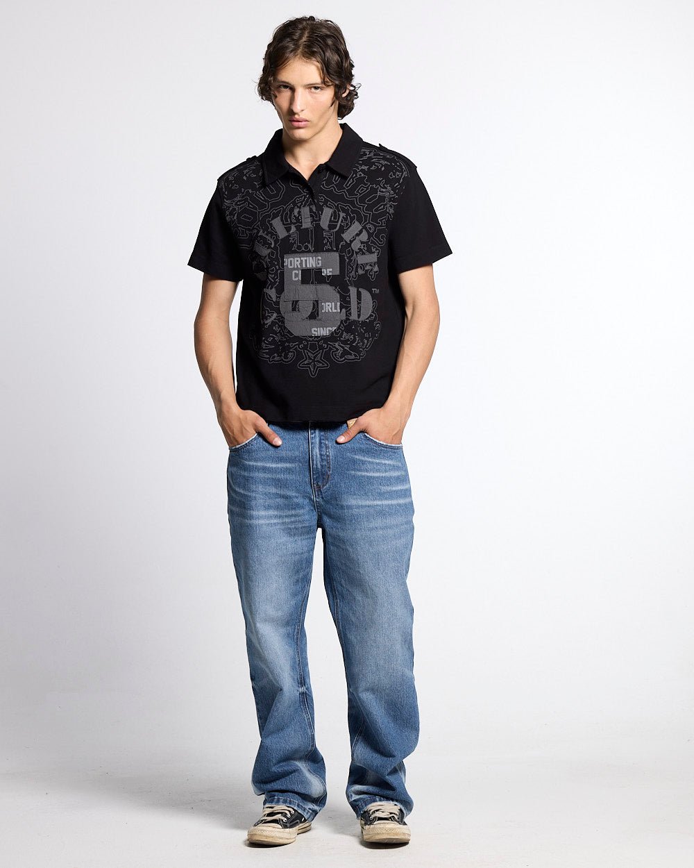 LOOPING POLO BLACK - black graphic print polo shirt, front view on male model - Cold Culture #man