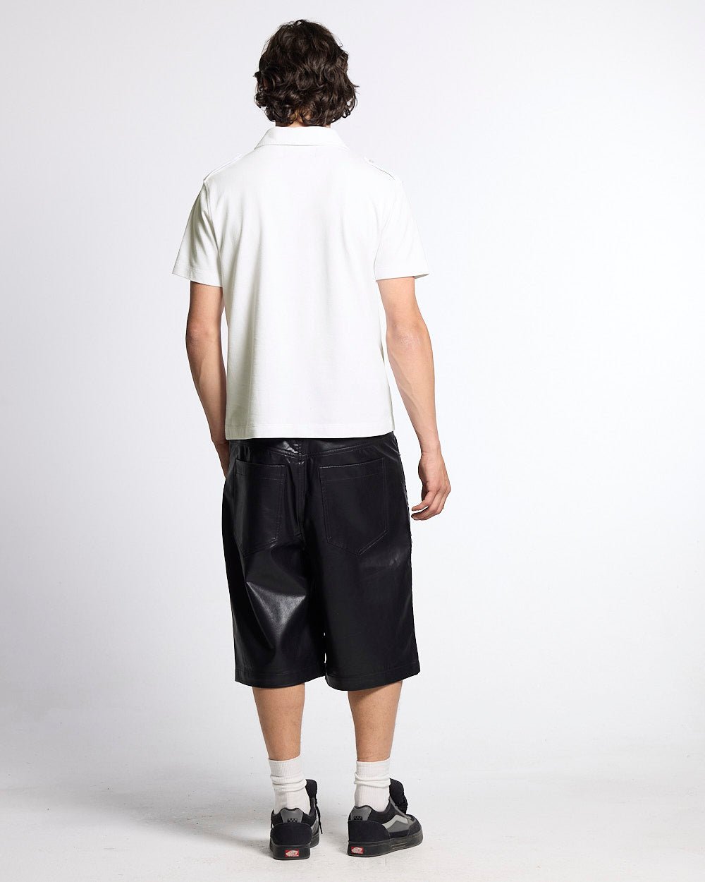 LOOPING POLO WHITE - white graphic print polo shirt, back view on male model - Cold Culture #man