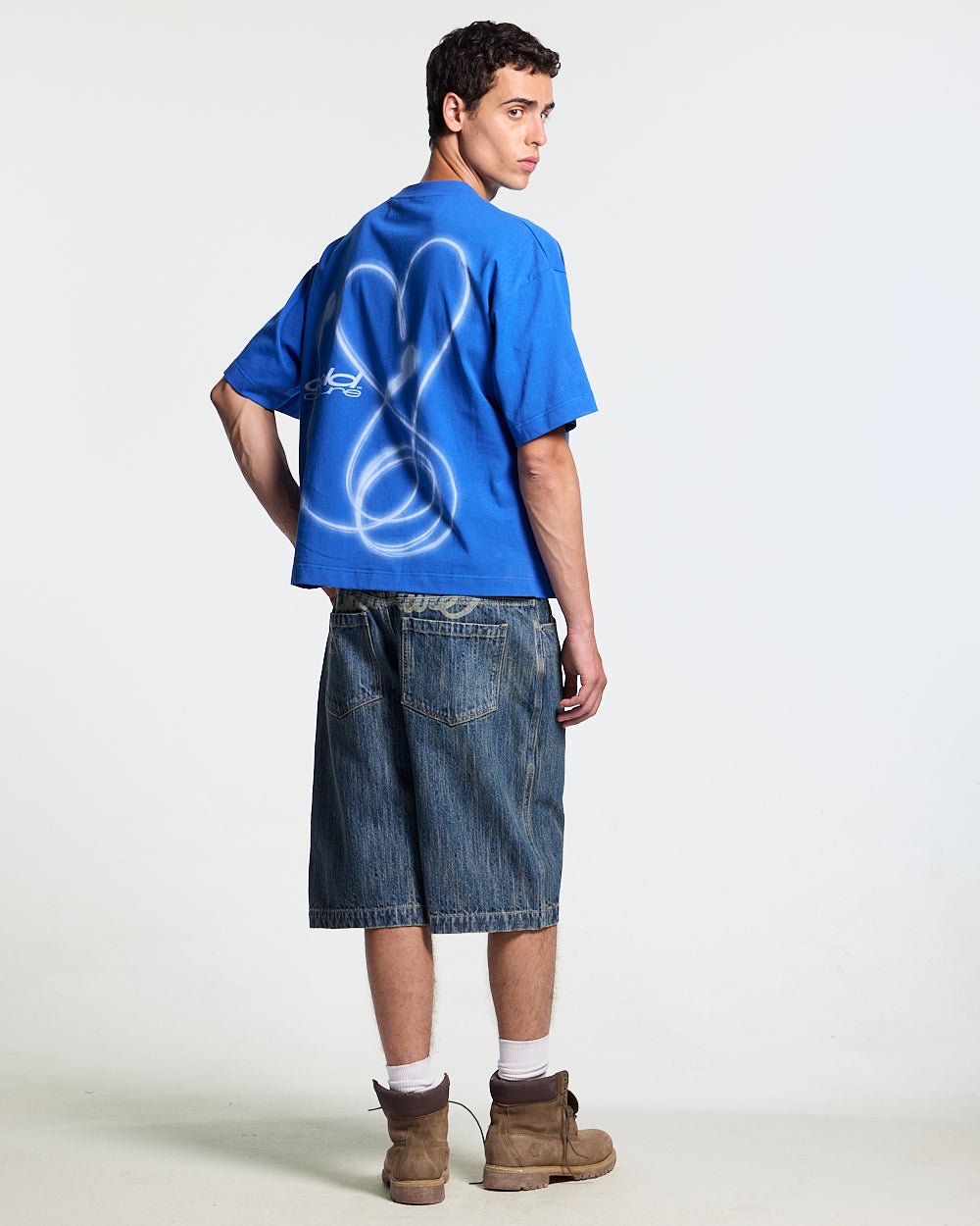 LOVEPODS TEE BLUE - blue graphic print tee, back view on male model - Cold Culture #man