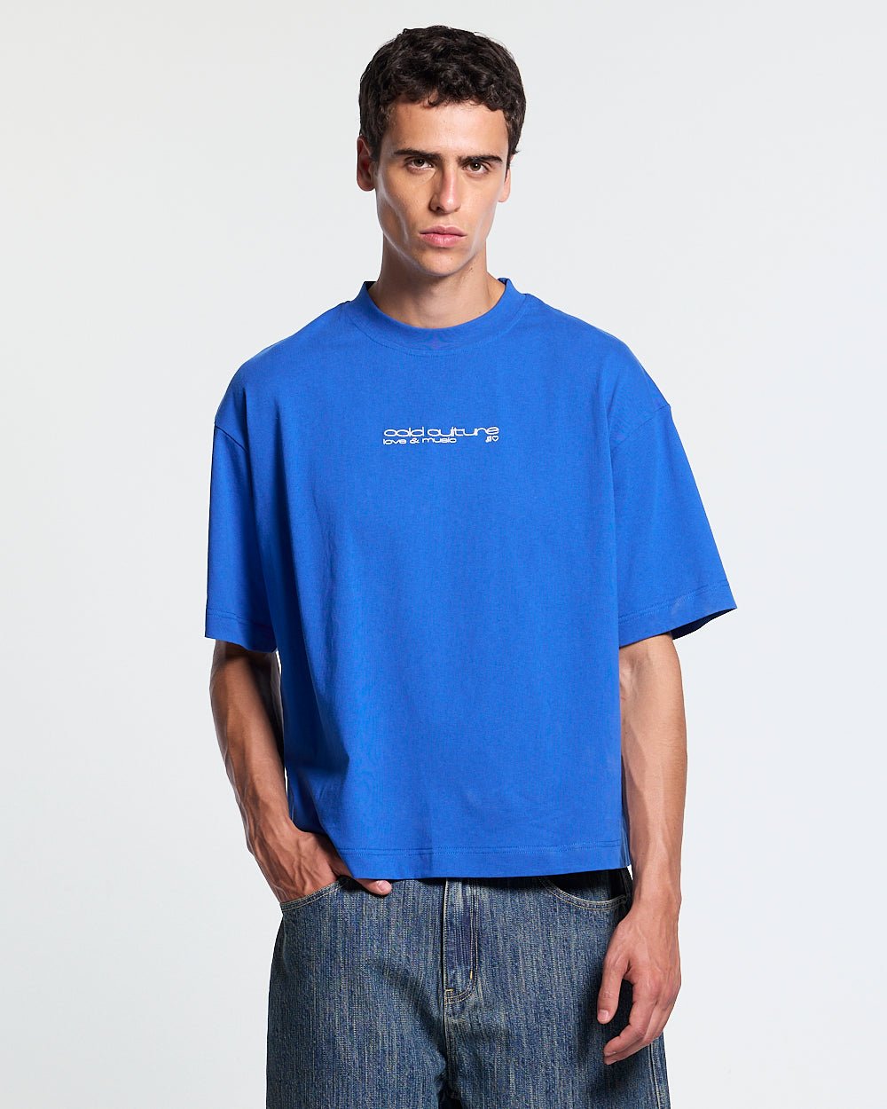 LOVEPODS TEE BLUE - blue graphic print tee, front view on male model - Cold Culture #man