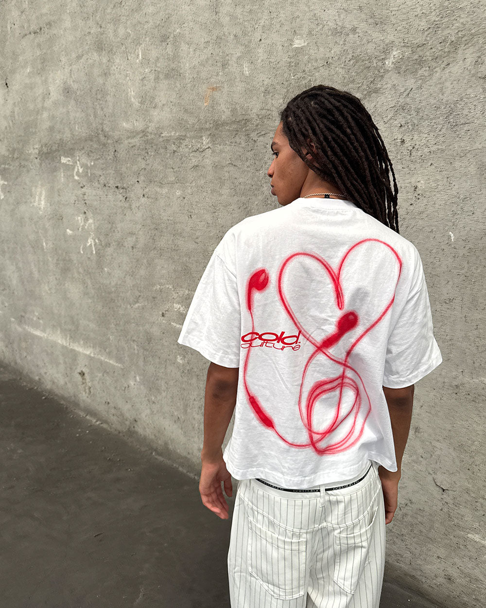 LOVEPODS TEE WHITE - white graphic print tee, street style shot - Cold Culture #man