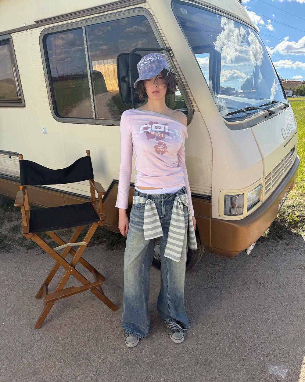 LUSH LONGSLEEVE TEE BABY PINK - baby pink off-shoulder longsleeve tee, street style shot - Cold Culture #woman