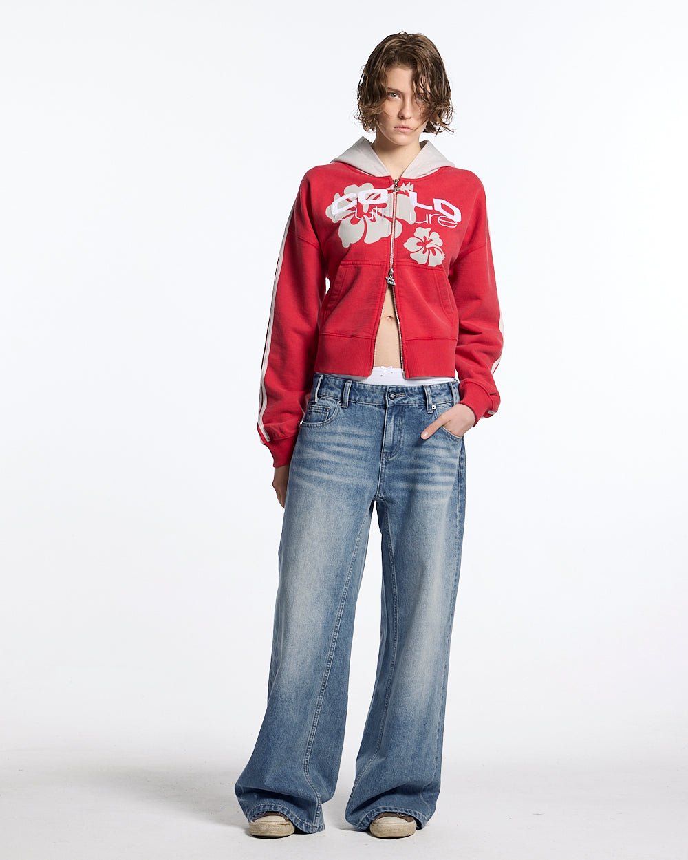 LUSH ZIP HOODIE RED - red cropped zip-up hoodie, front view on female model - Cold Culture #woman