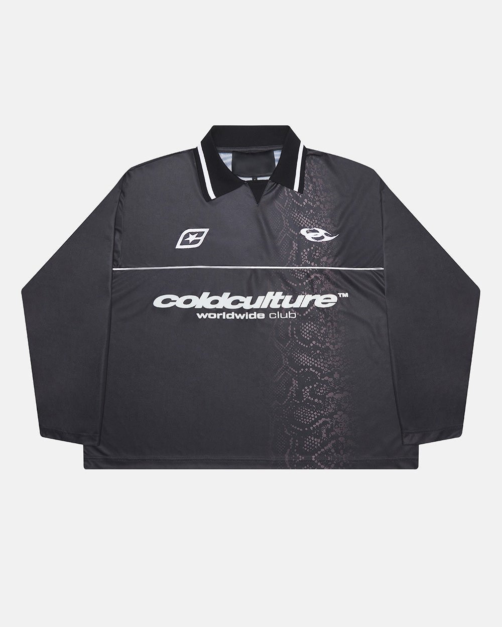 MAMBA SNAKE LONGSLEEVE POLO BLACK - black snake print longsleeve polo, front view - Cold Culture #packshot