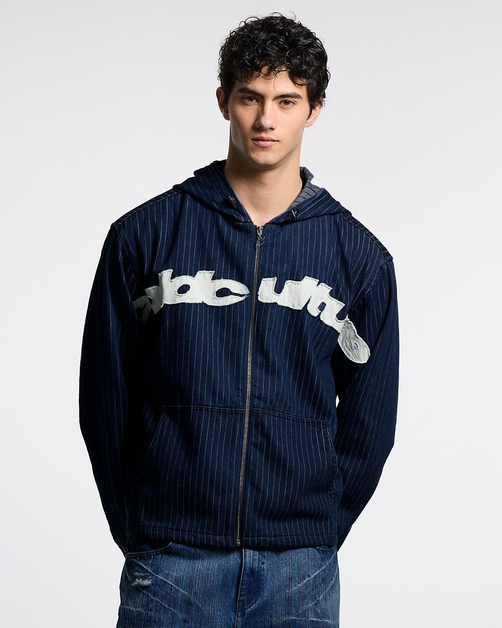 MEMPHIS HOODED SHIRT BLUE DENIM - blue denim hooded jacket, front view on male model - Cold Culture #man