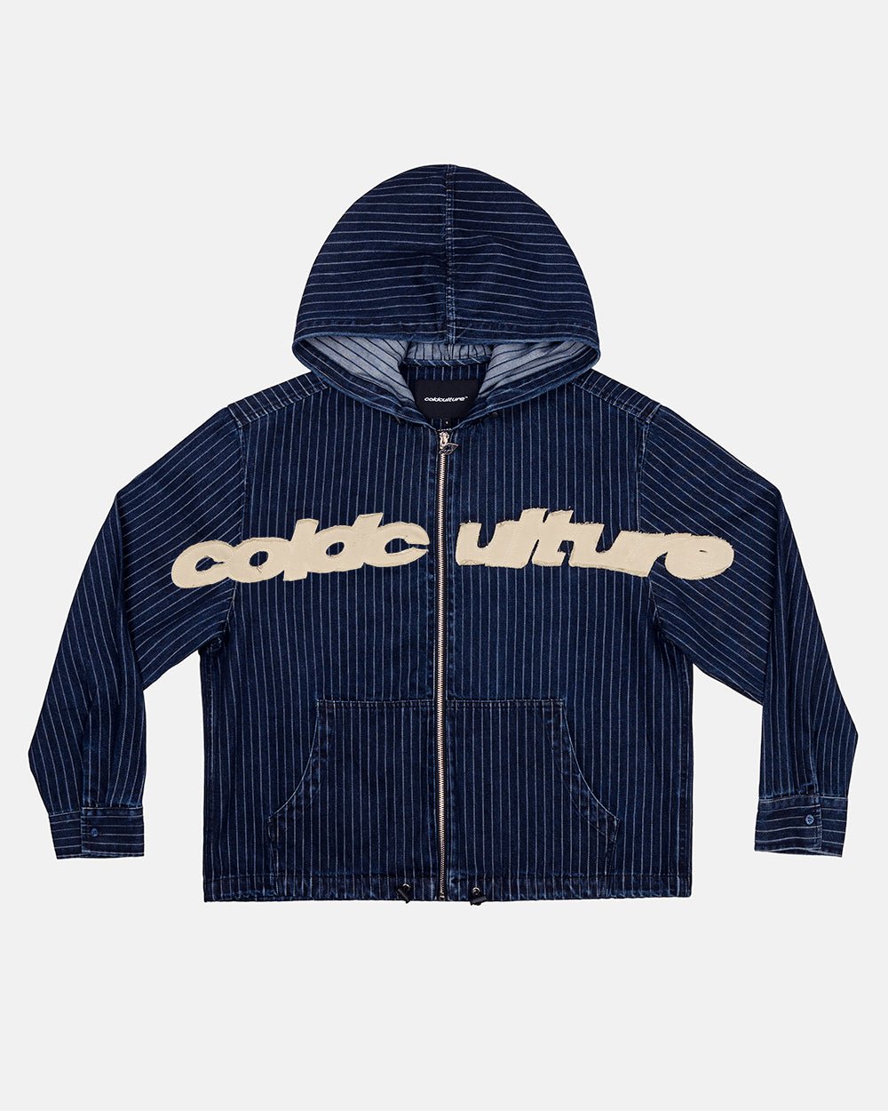 MEMPHIS HOODED SHIRT BLUE DENIM - blue denim hooded jacket, front view - Cold Culture #packshot
