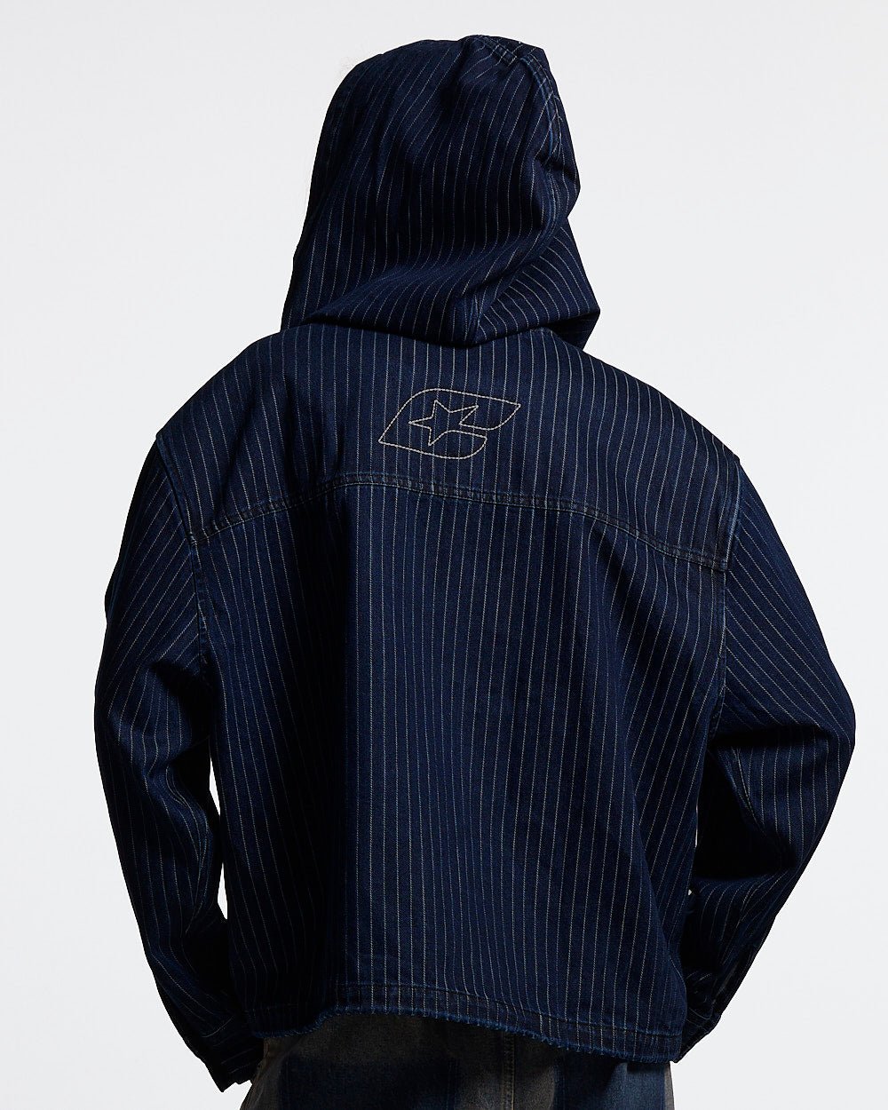 MEMPHIS HOODED SHIRT BLUE DENIM - blue denim hooded jacket, back view on male model - Cold Culture #woman