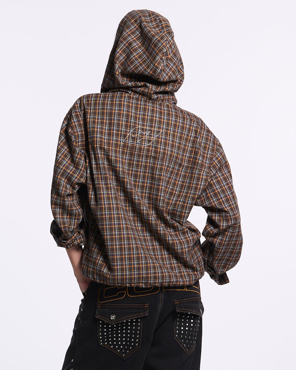 MEMPHIS HOODED SHIRT ORANGE AND BLUE - brown plaid hooded jacket, back view on female model - Cold Culture #woman