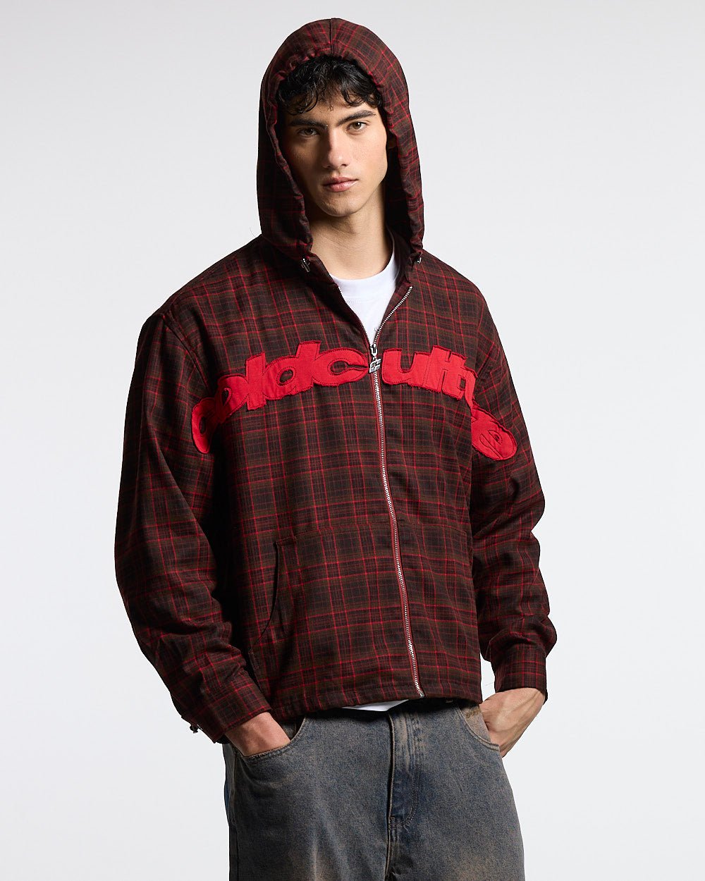 MEMPHIS HOODED SHIRT RED & BLACK TARTAN - red and black tartan jacket, front view on male model - Cold Culture #man