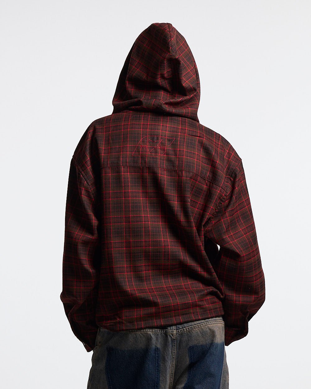 MEMPHIS HOODED SHIRT RED & BLACK TARTAN - red and black tartan jacket, back view on female model - Cold Culture #woman