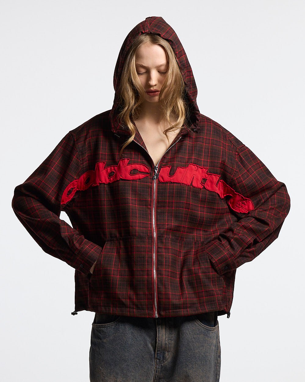 MEMPHIS HOODED SHIRT RED & BLACK TARTAN - red and black tartan jacket, front view on female model - Cold Culture #woman