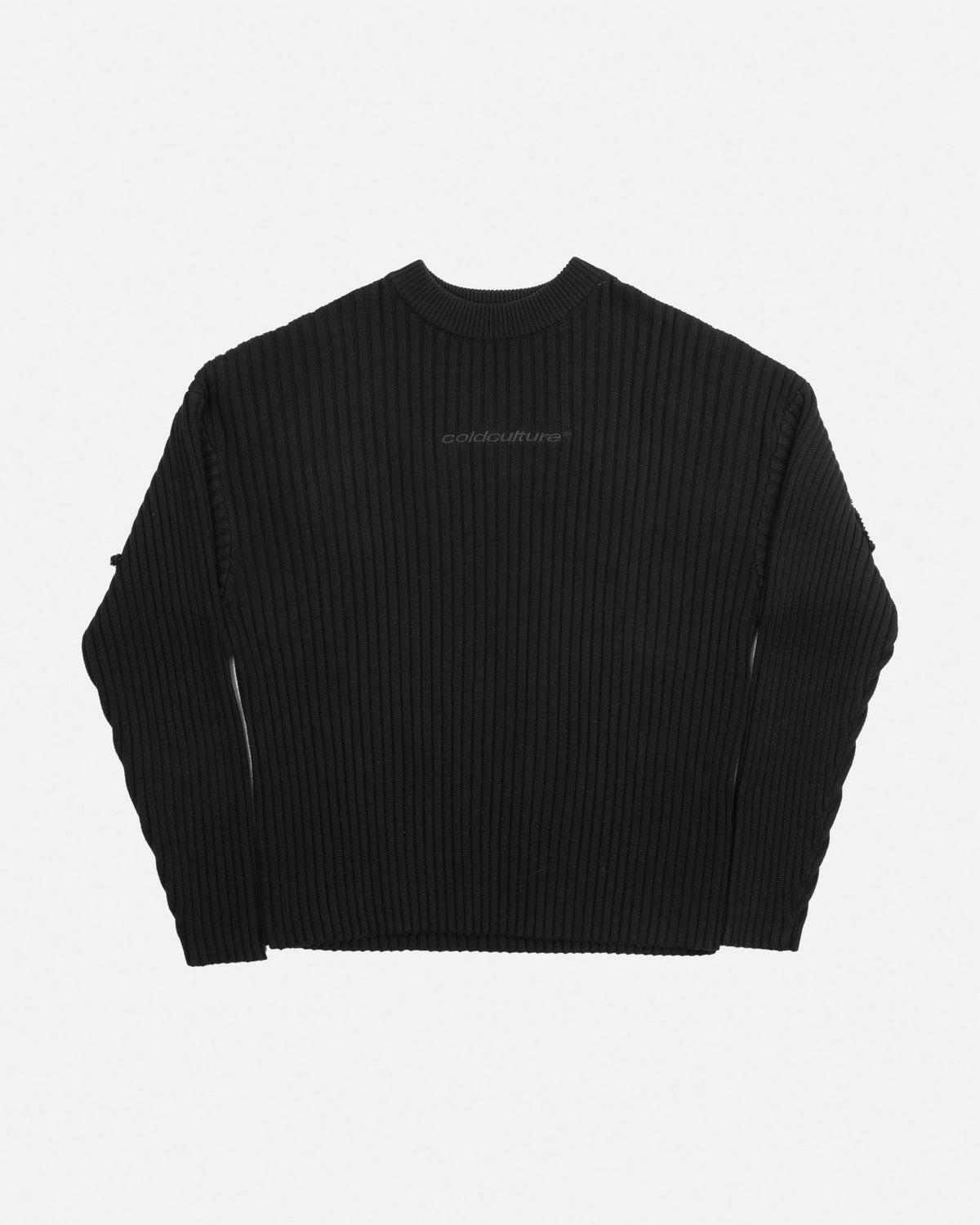 MESSY KNIT BLACK - black ribbed knit sweater, front view - Cold Culture #packshot