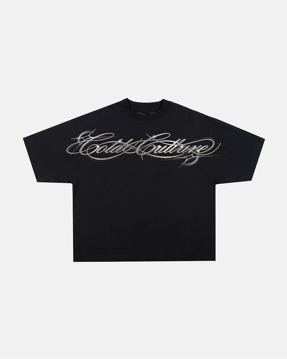 METAL SCRIPT TEE BLACK - black script print tee, flat lay - Cold Culture #woman