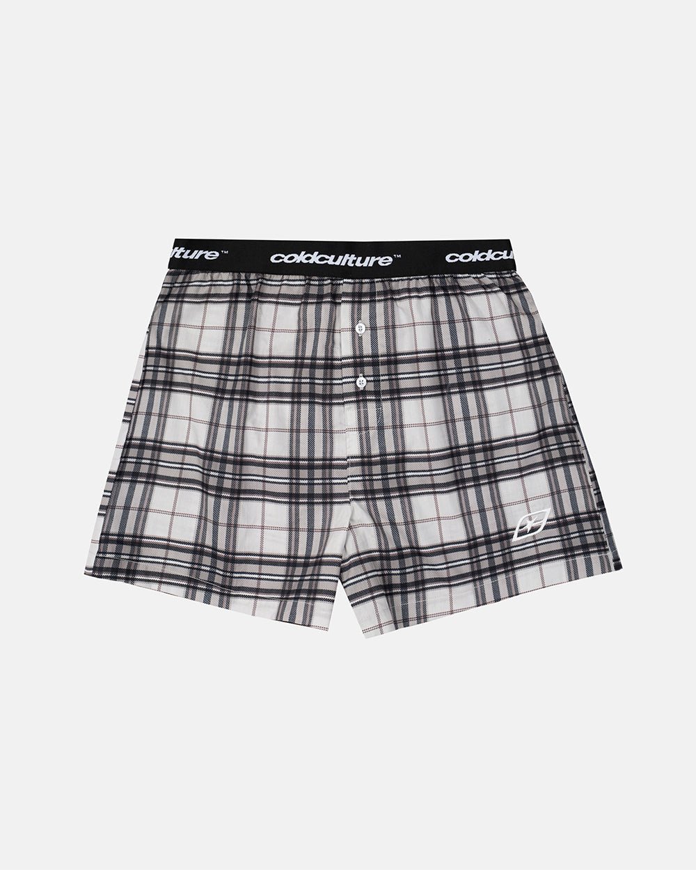 MIDNIGHT BOXERS PACK BLACK CHECKS - black and white plaid boxers, front view - Cold Culture #packshot