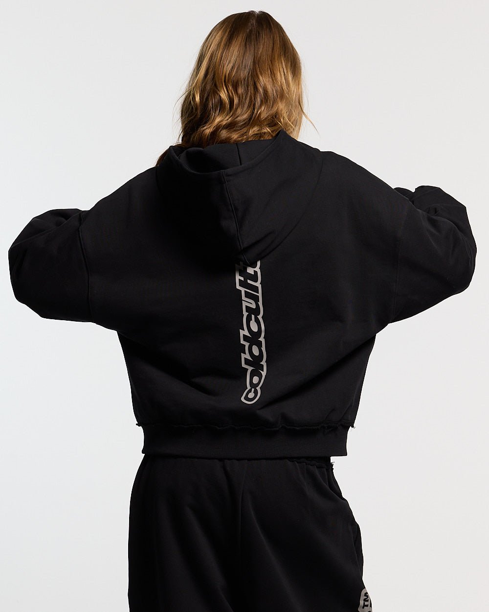 MIDNIGHT SET ZIP UP BLACK - black zip-up hoodie, back view on female model - Cold Culture #woman