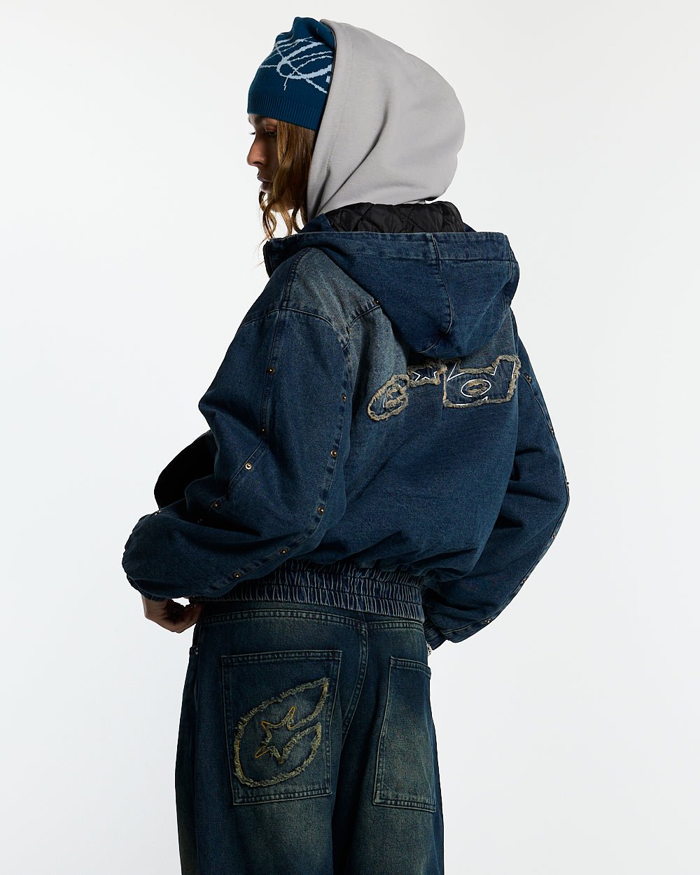 MIKE HOODED JACKET DENIM - blue denim hooded jacket, back view on female model - Cold Culture #woman