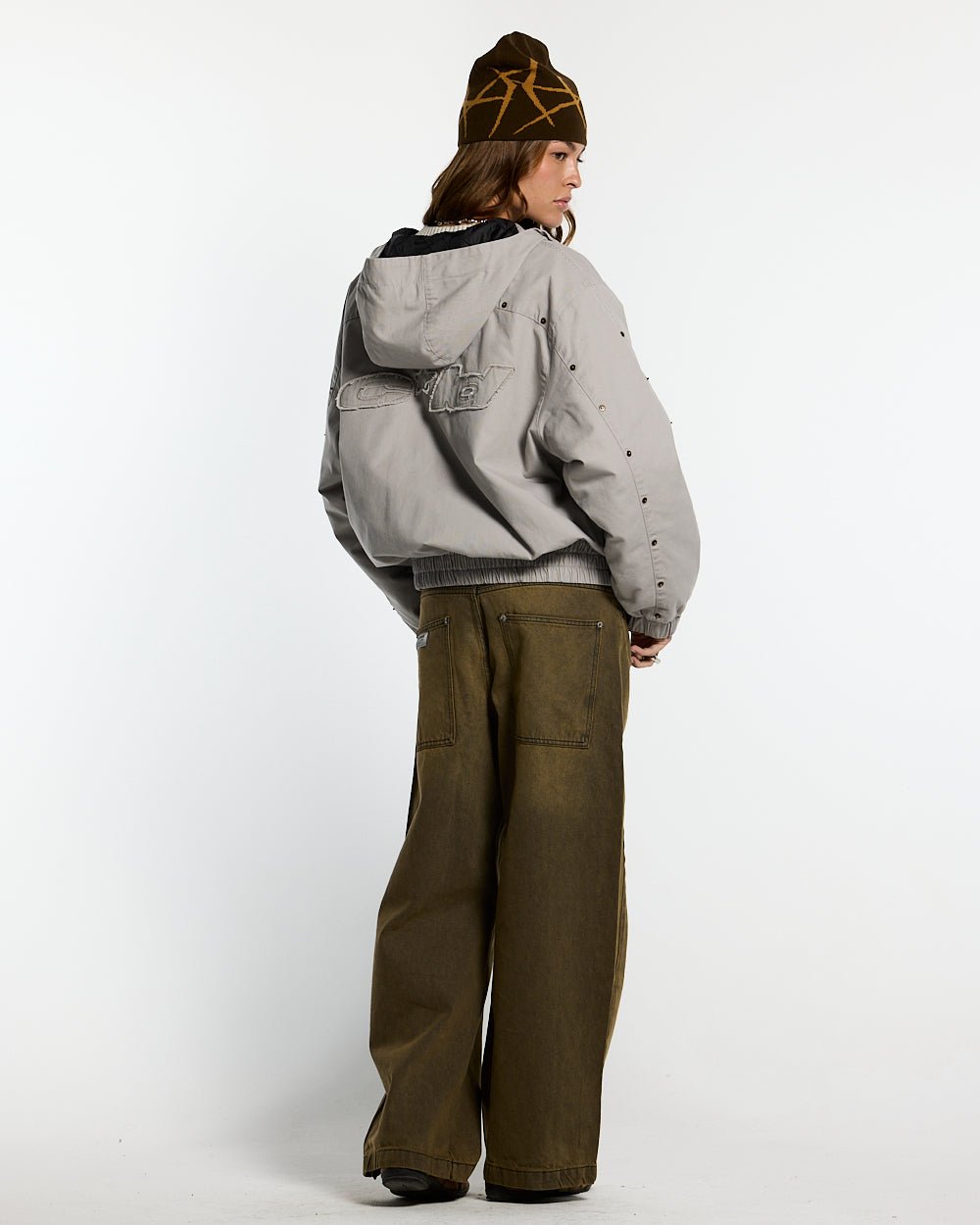 MIKE HOODED JACKET GREY - grey hooded jacket, back view on female model - Cold Culture #woman