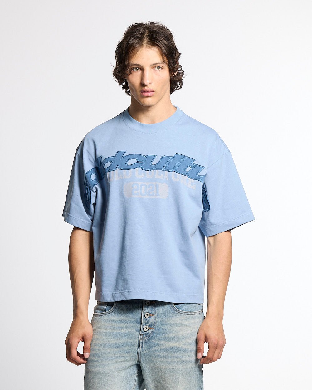 MIX MATCH TEE BLUE - light blue graphic print tee, front view on male model - Cold Culture #man