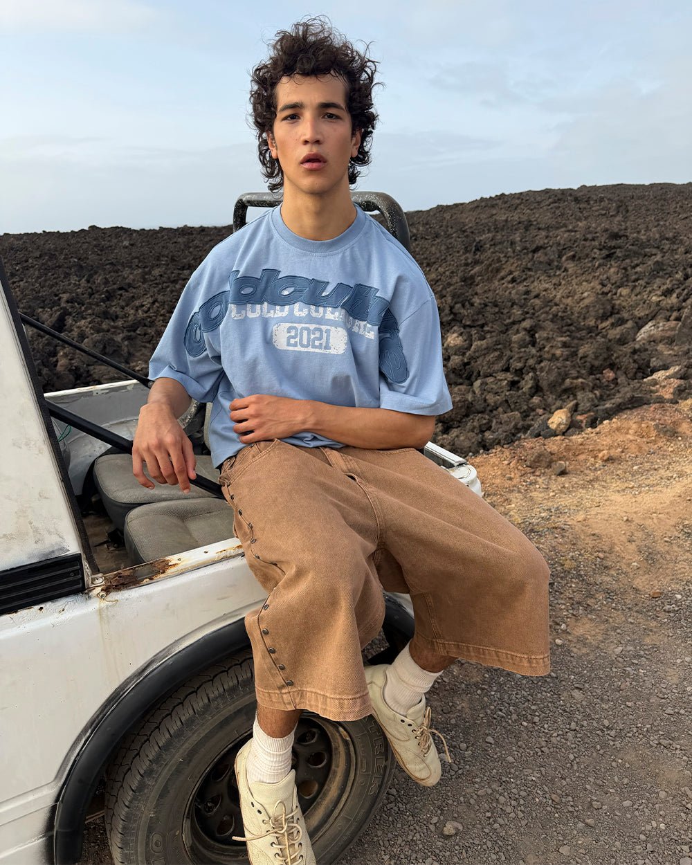 MIX MATCH TEE BLUE - light blue graphic print tee, street style shot - Cold Culture