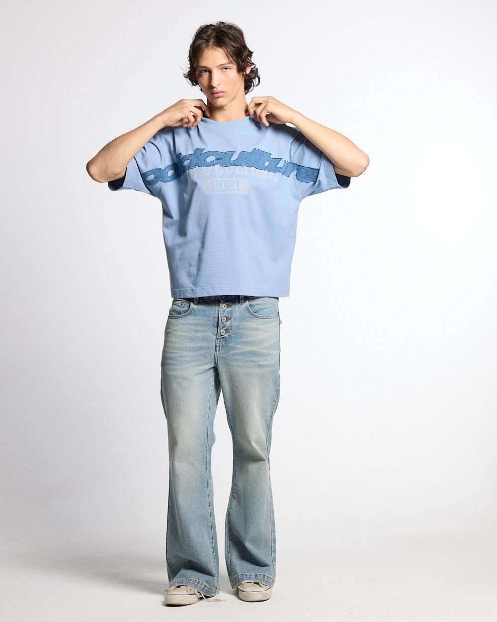 MIX MATCH TEE BLUE - light blue graphic print tee, front view on male model - Cold Culture #man