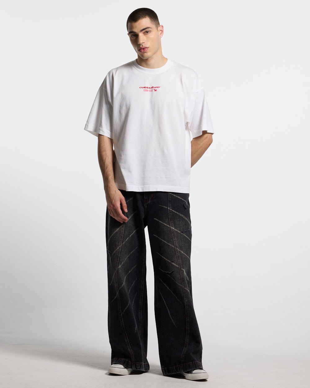 MIX TEE WHITE - white graphic print tee, front view on male model - Cold Culture #man