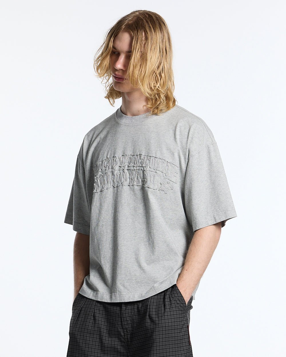 MONTANA TEE HEATHER GREY - heather grey boxy tee, front view on male model - Cold Culture #man
