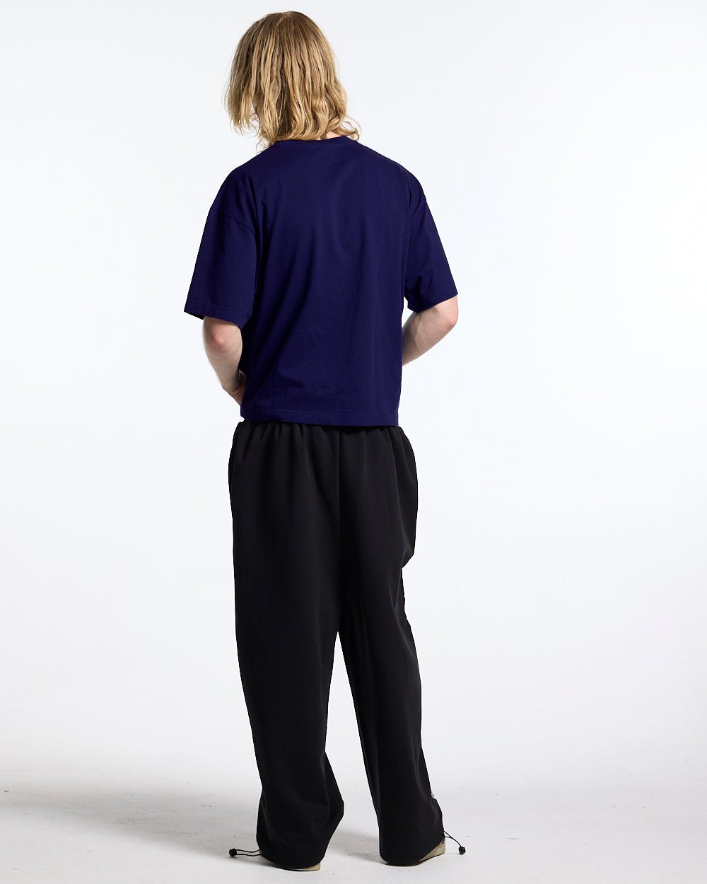 MONTANA TEE NAVY - navy blue boxy tee, back view on male model - Cold Culture #man