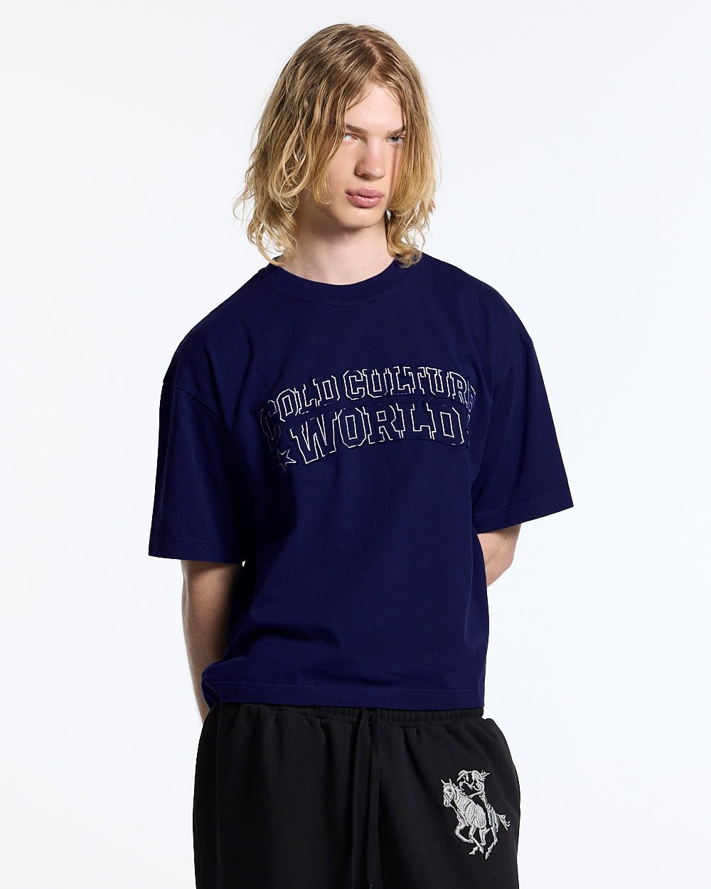 MONTANA TEE NAVY - navy blue boxy tee, front view on male model - Cold Culture #man
