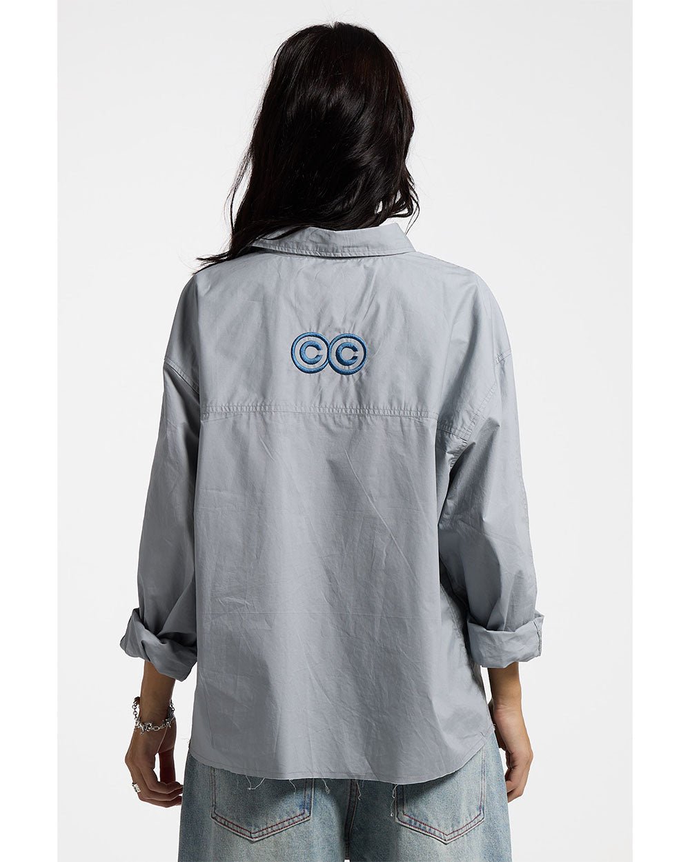 MONTMELO SHIRT GREY - grey long sleeve shirt, back view on female model - Cold Culture #woman