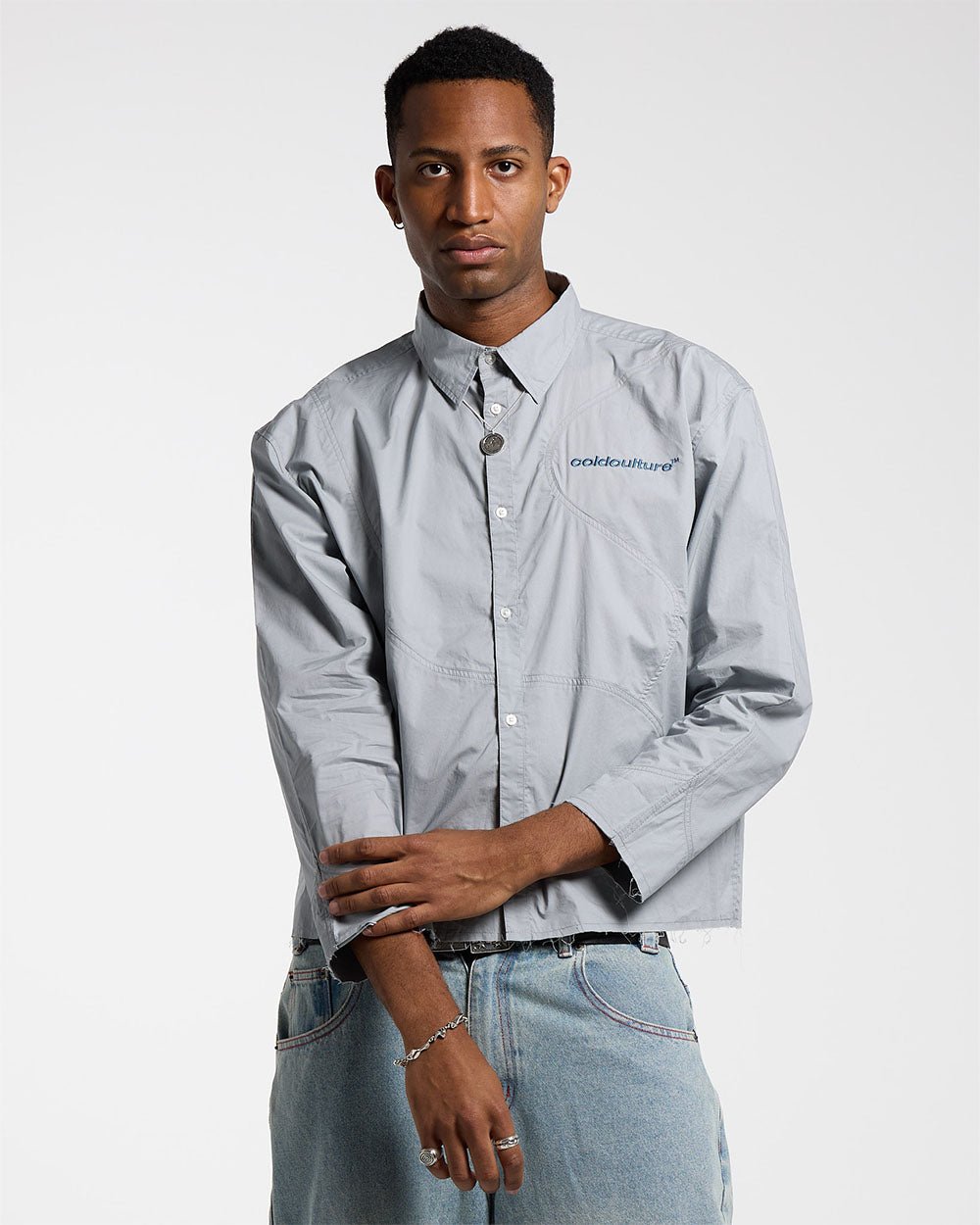 MONTMELO SHIRT GREY - grey long sleeve shirt, front view on male model - Cold Culture #man