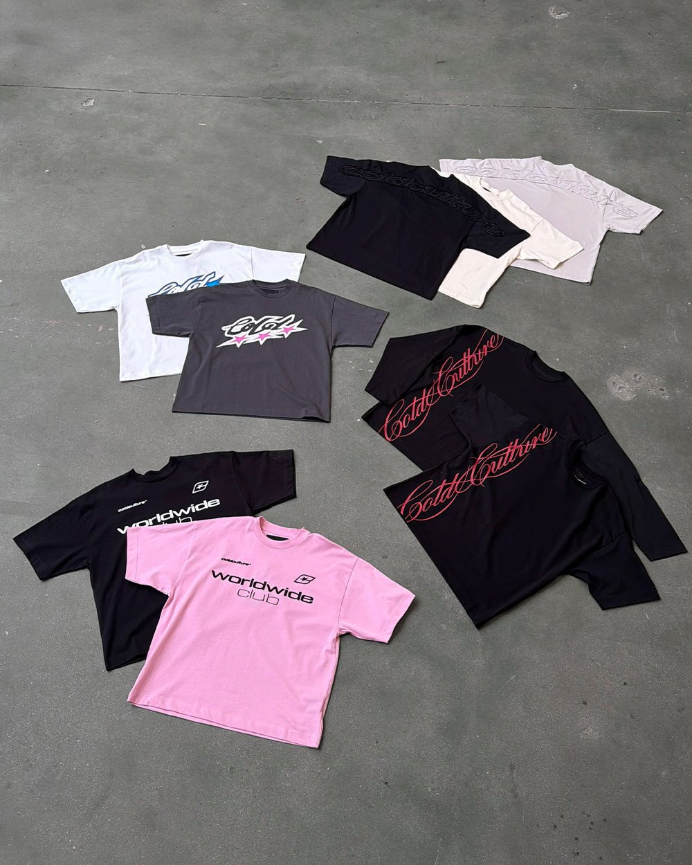 MR WORLDWIDE TEE PINK - pink graphic print tee, flat lay with matching pieces - Cold Culture