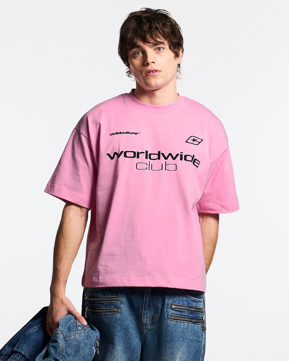 MR WORLDWIDE TEE PINK - pink graphic print tee, front view on male model - Cold Culture #man