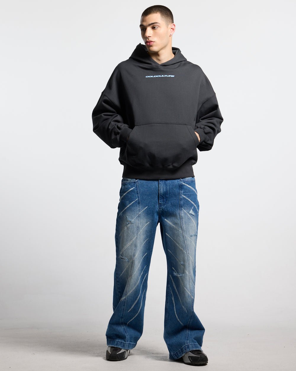 MUSIC RHYTHM V3 PANTS LIGHT BLUE - light blue washed denim pants, front view on male model - Cold Culture #man