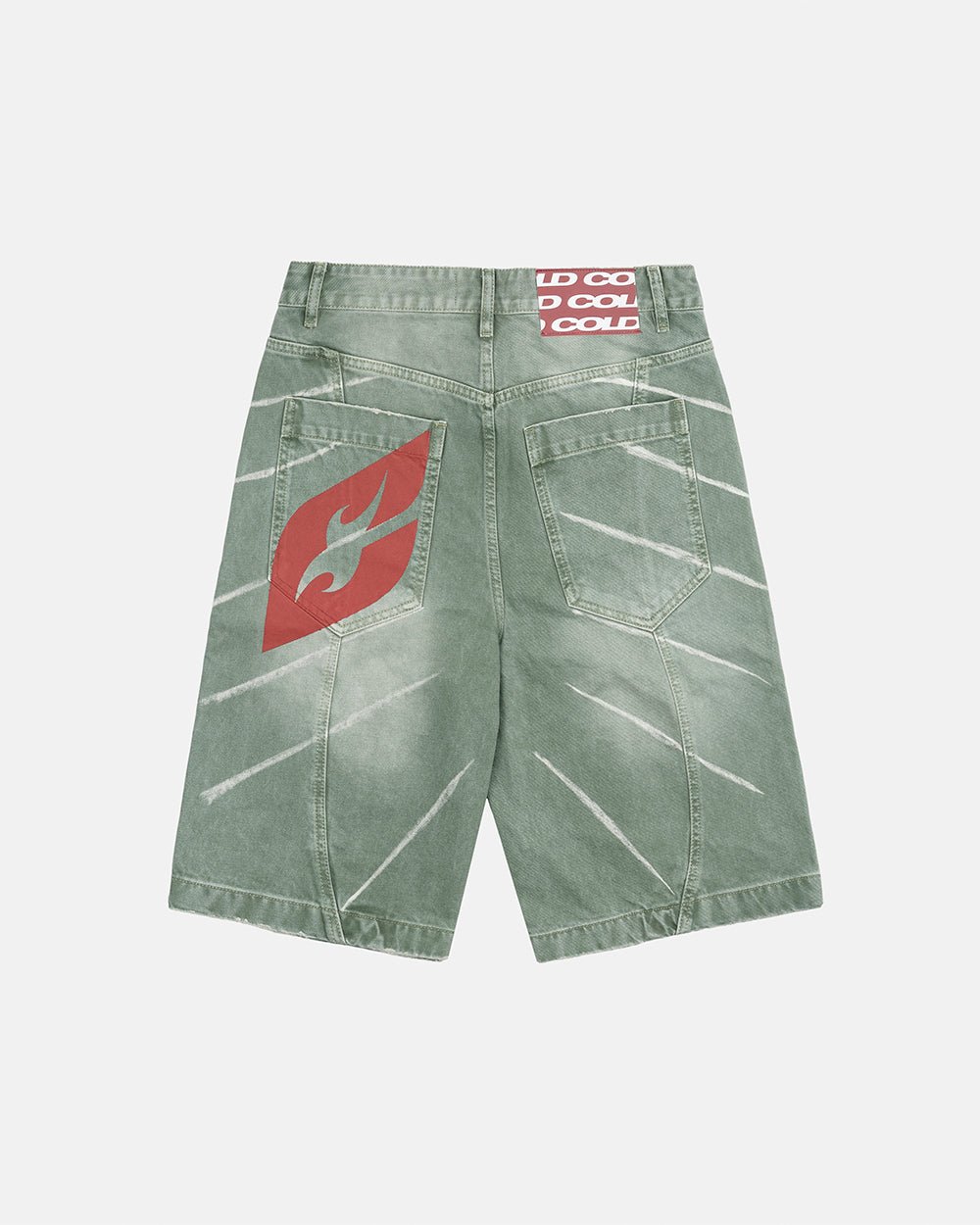 MUSIC RYTHIM SHORTS GREEN - green washed denim shorts, back view - Cold Culture #packshot