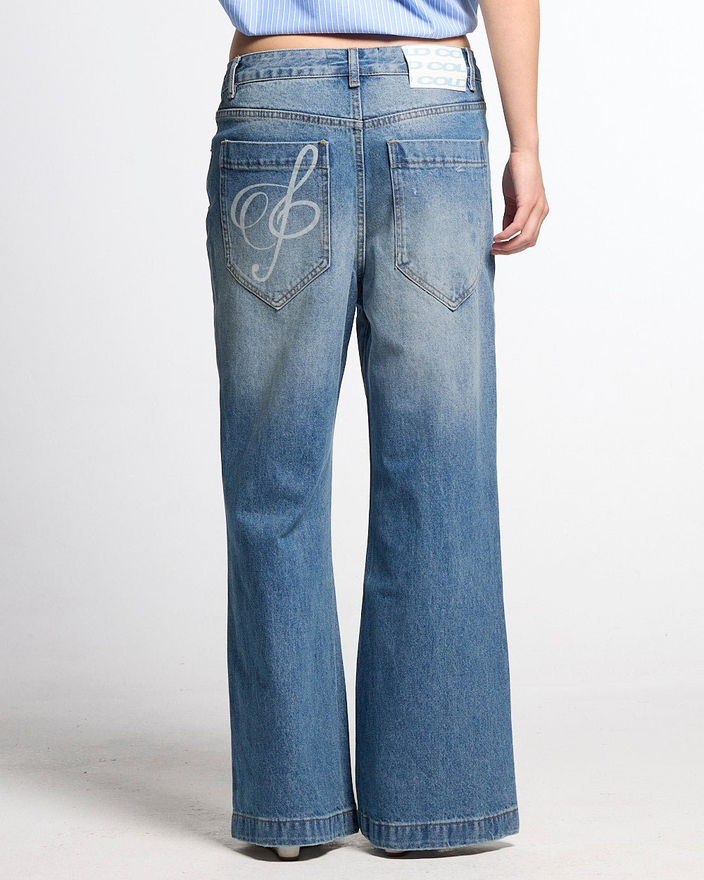 MZRT V3 PANTS LIGHT BLUE - light blue printed denim pants, back view on female model - Cold Culture #woman