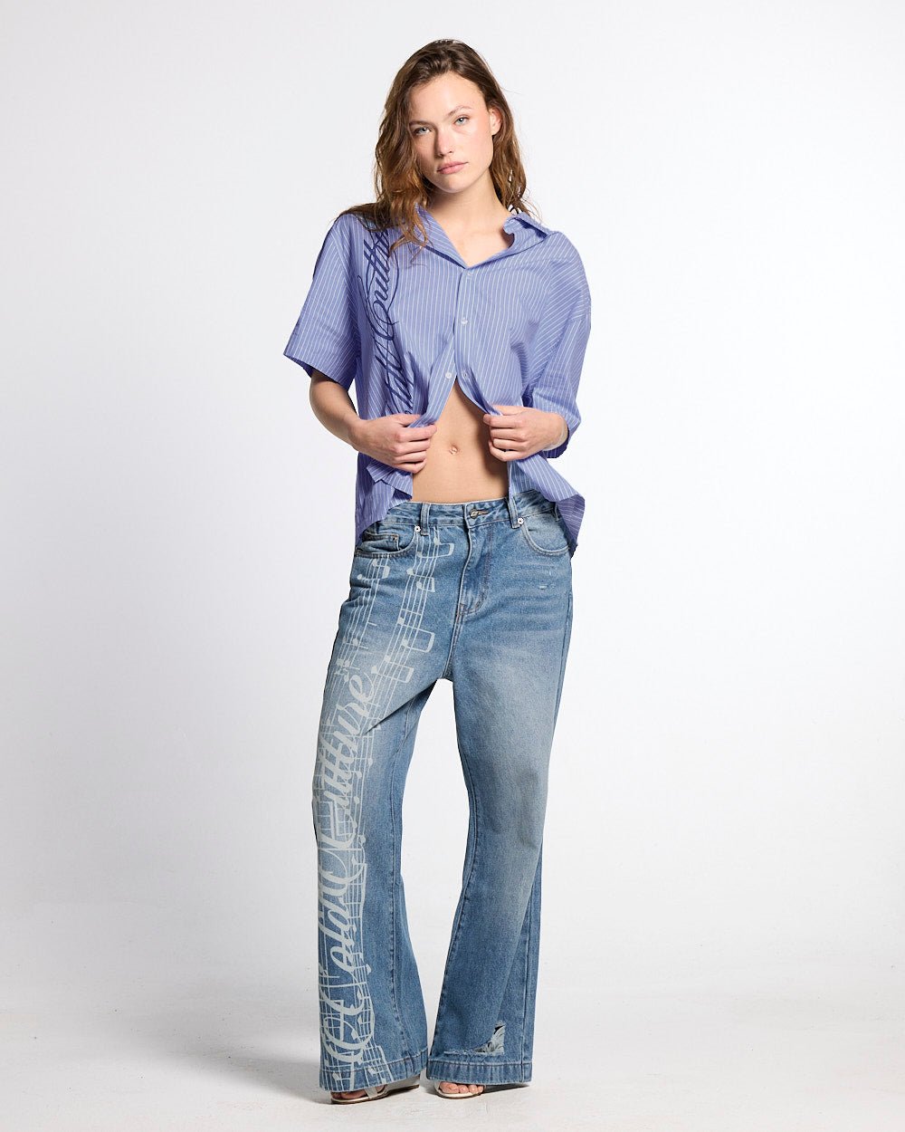 MZRT V3 PANTS LIGHT BLUE - light blue printed denim pants, front view on female model - Cold Culture #woman