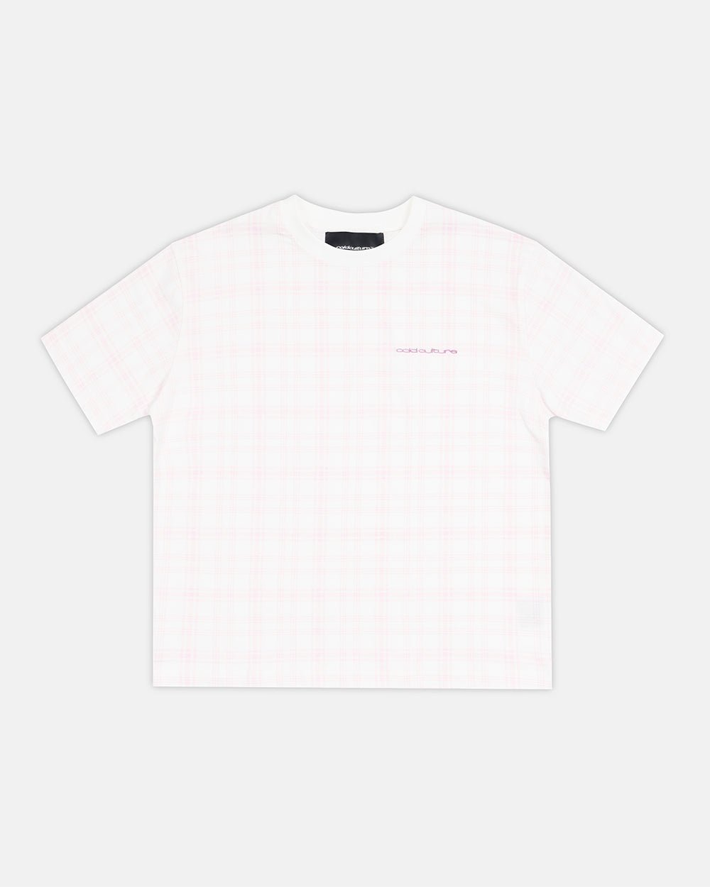 NACHT TEE PINK - pink plaid tee, front view - Cold Culture #packshot