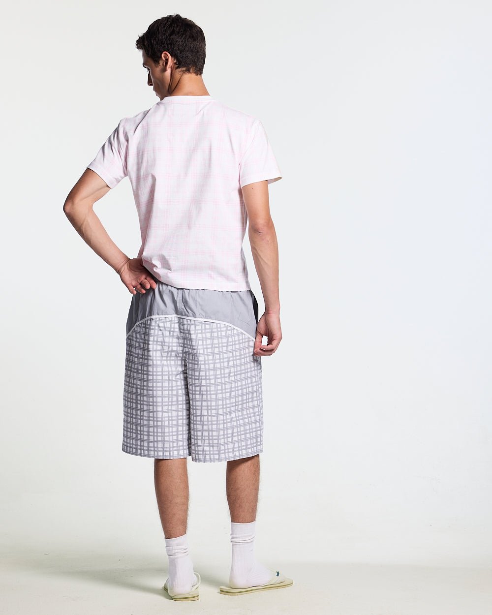 NACHT TEE PINK - pink plaid tee, back view on male model - Cold Culture #man