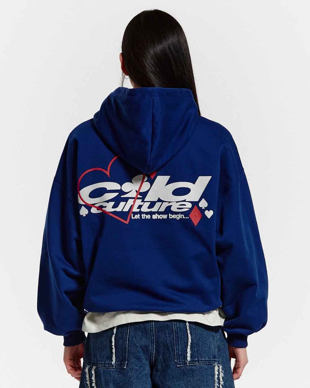 NAIPES HOODIE MIDDLE BLUE - royal blue graphic print hoodie, back view on female model - Cold Culture #woman