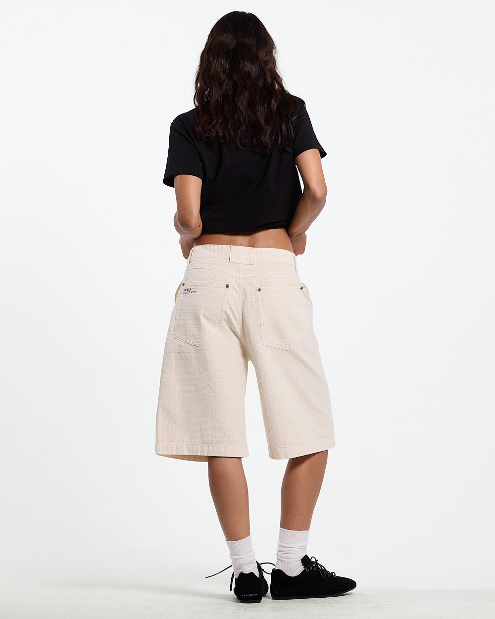 NEEDLE PUNCH SHORT WHITE - off-white textured shorts, back view on female model - Cold Culture #woman
