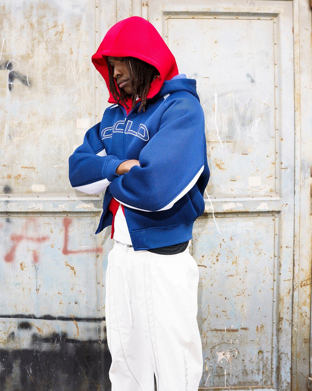 NEO ZIP JACKET WHITE & BLUE - navy and white zip jacket, street style shot - Cold Culture