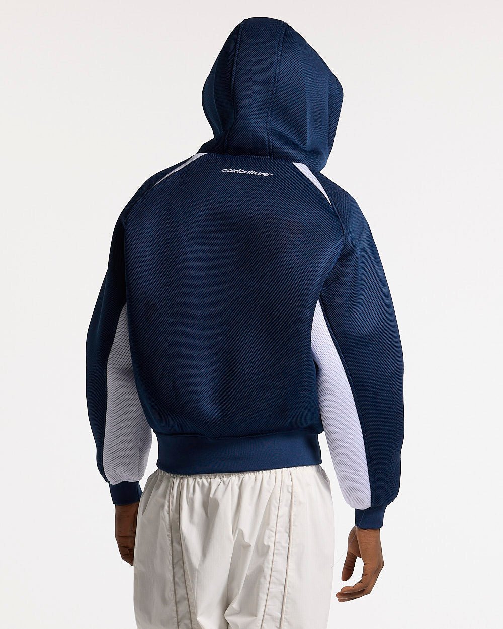 NEO ZIP JACKET WHITE & BLUE - navy and white zip jacket, back view on male model - Cold Culture