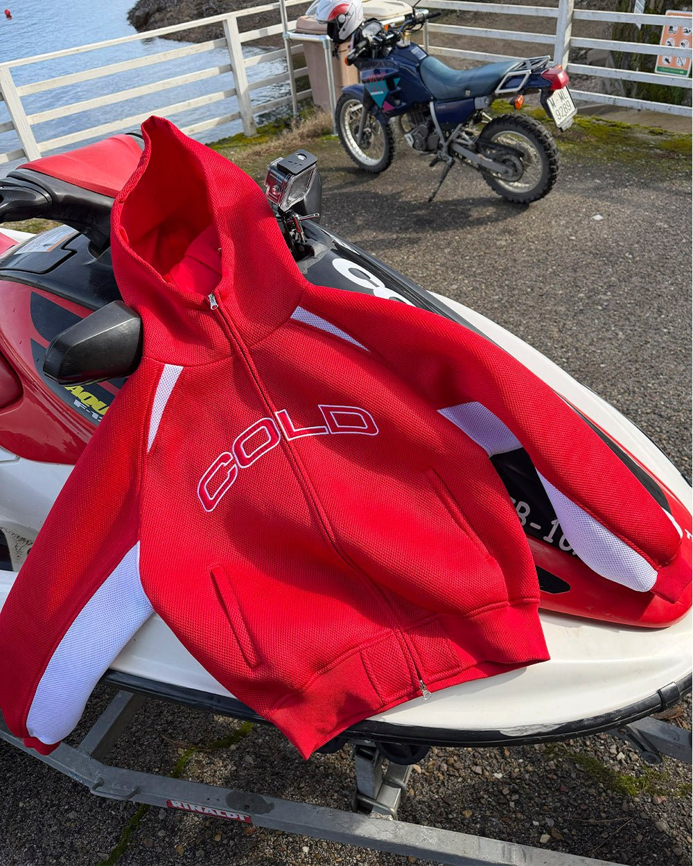 NEO ZIP JACKET WHITE & RED - red and white zip jacket, flat lay - Cold Culture