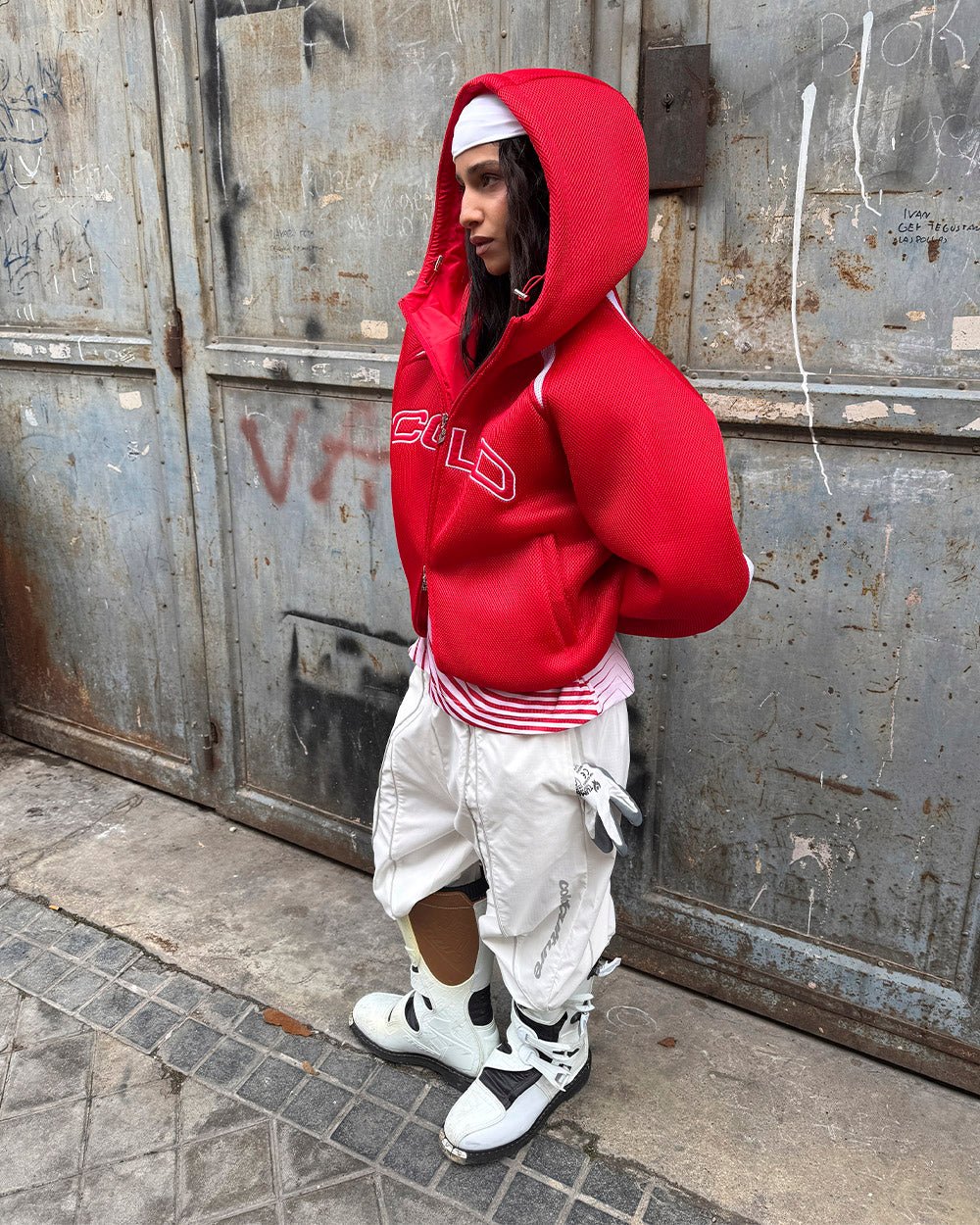 NEO ZIP JACKET WHITE & RED - red and white zip jacket, street style shot - Cold Culture