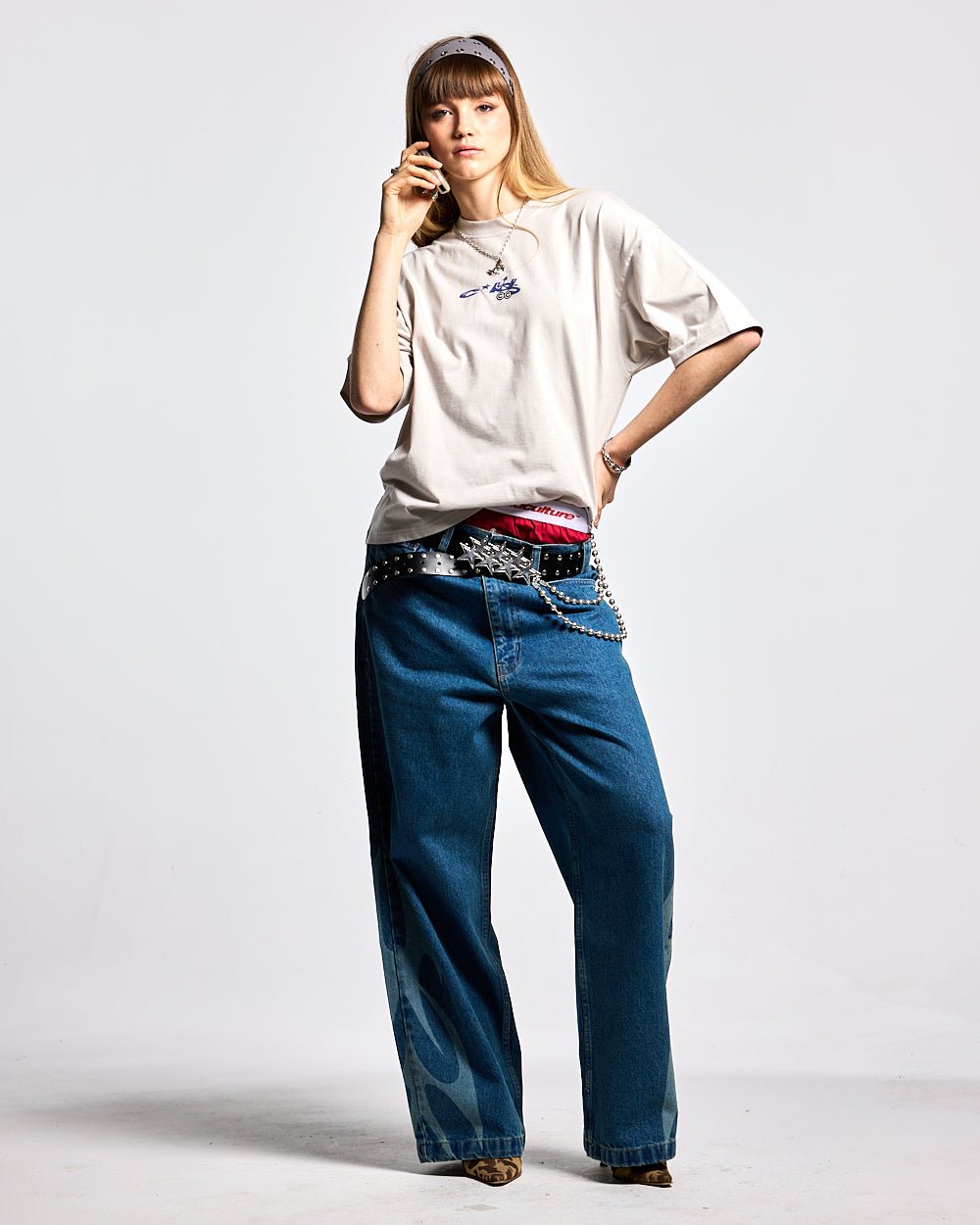 NEOTRIBAL V2 PANTS LIGHT BLUE DENIM - light blue tribal print denim pants, front view on female model - Cold Culture #woman